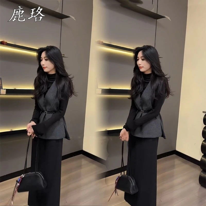 时尚高级感气质套装女2025春季修身长袖小衫马甲高腰半身裙三件套
