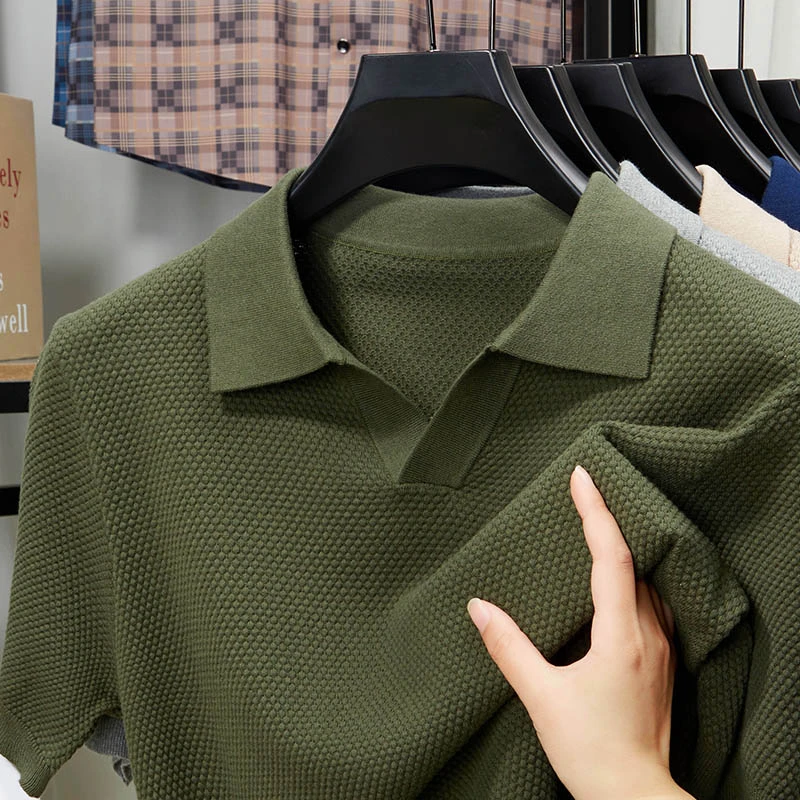 100%棉夏季新款纯棉菠萝纹针织海鸥领男士短袖T恤衫休闲百搭T恤