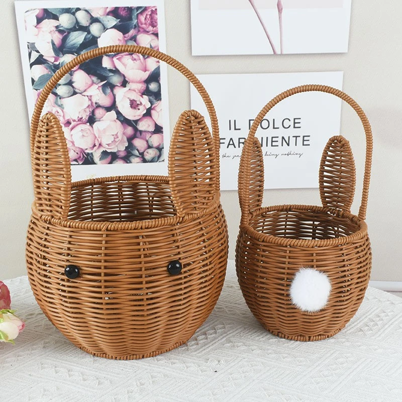 仿藤小兔子花篮果篮田园风手提篮复古客厅收纳摆件户外出游采摘篮