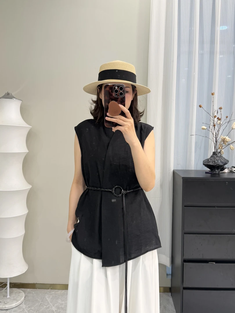 夏季V领常规H型女纯色马夹气质女装不规则上衣00377