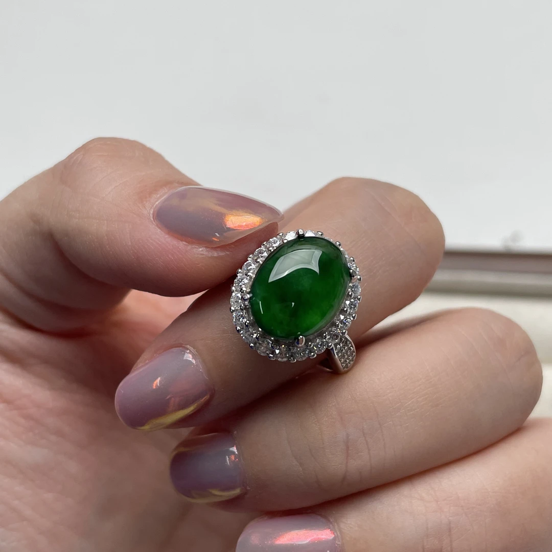 天然翡翠s925银开口戒指帝王绿色高级百搭bj1748