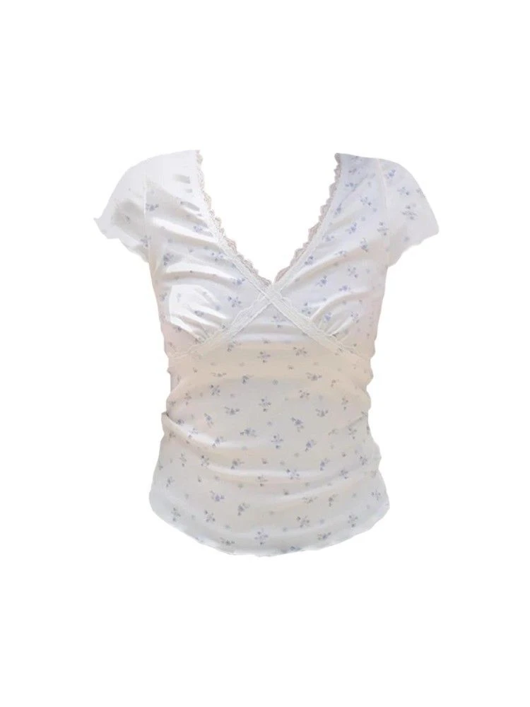 设计感小众碎花V领短袖上衣女夏季新款修身显瘦莫代尔短款百搭T恤