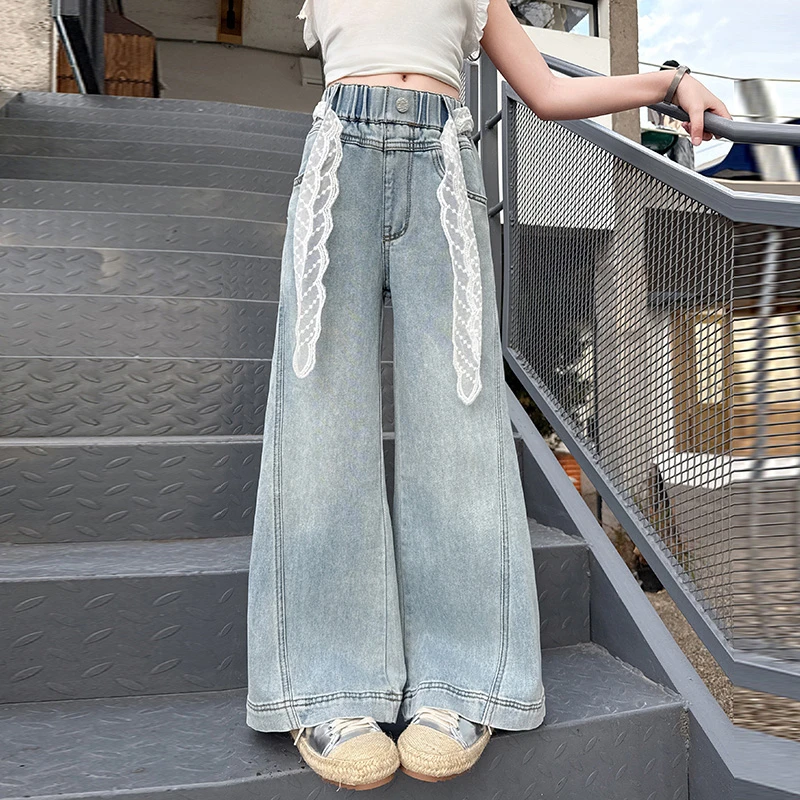 女童牛仔裤蕾丝腰带甜美时尚2025爆款春夏长裤子中大童窄版直筒裤