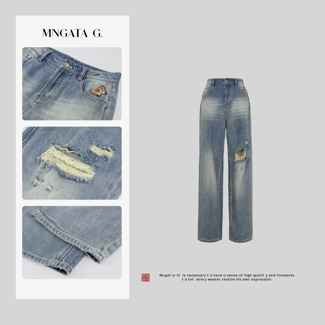 MNGATA G.宫小妍 【破洞牛仔】夏日纯棉新中式穿搭牛仔裤5011752