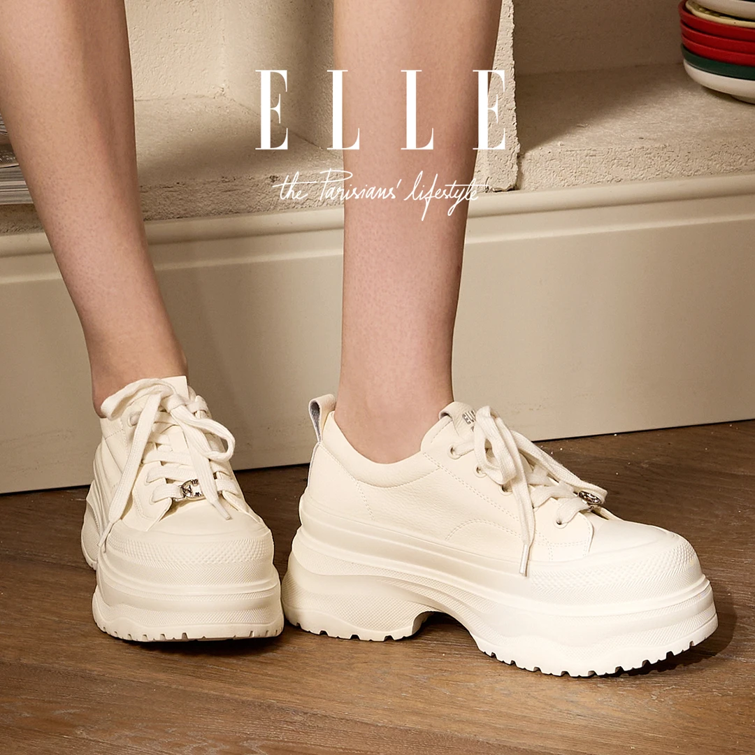 ELLE欧洲站松糕厚底小白鞋女2025新款增高圆头系带麦昆鞋真皮板鞋
