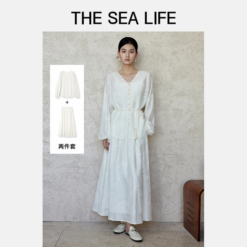 欧海一生国风两件套刺绣衬衫女套装2025秋季提花半身裙thesealife