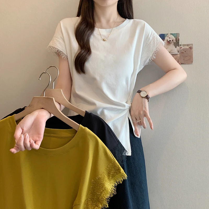 2025夏装新款胖mm大码女别致飞飞袖蕾丝边不规则短袖T恤