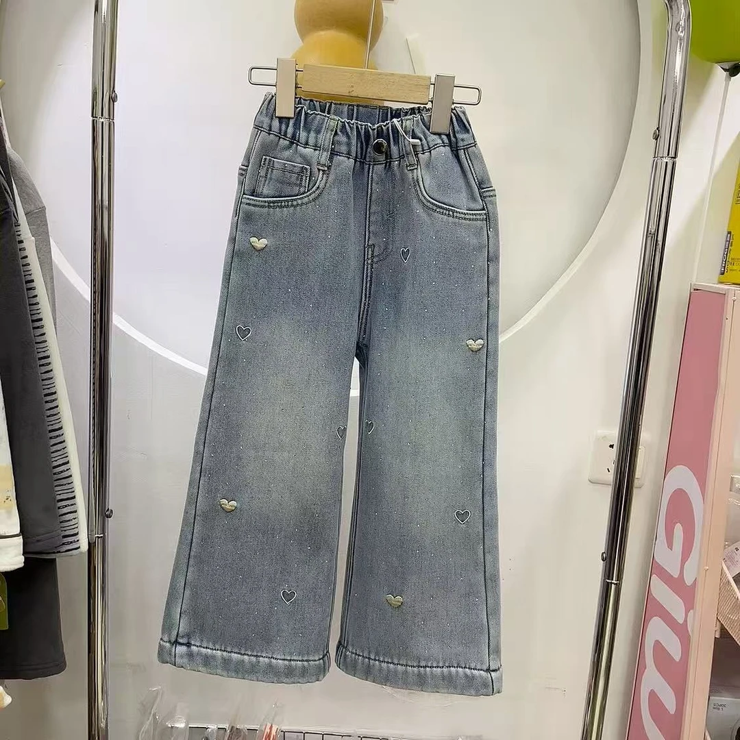 【一体绒加厚】儿童刺绣亮钻软牛仔直筒裤6622
