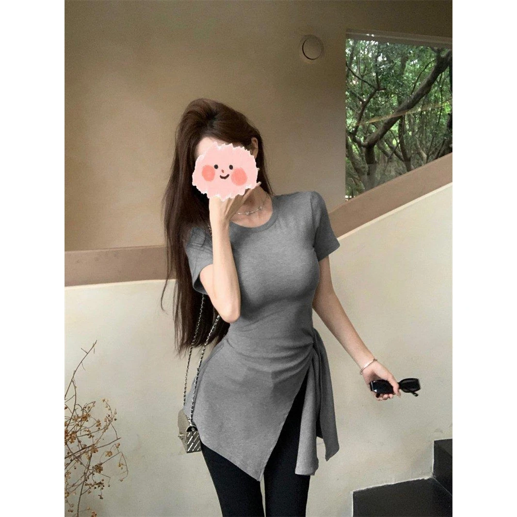 灰色开叉不规则绑带设计短袖T恤女独特别致辣妹修身显瘦正肩上衣