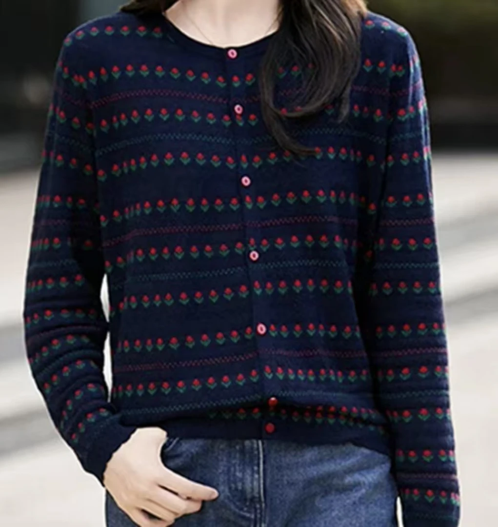 【小花开衫】2025初秋新款欧货圆领长袖提花针织衫显瘦时尚百搭开衫