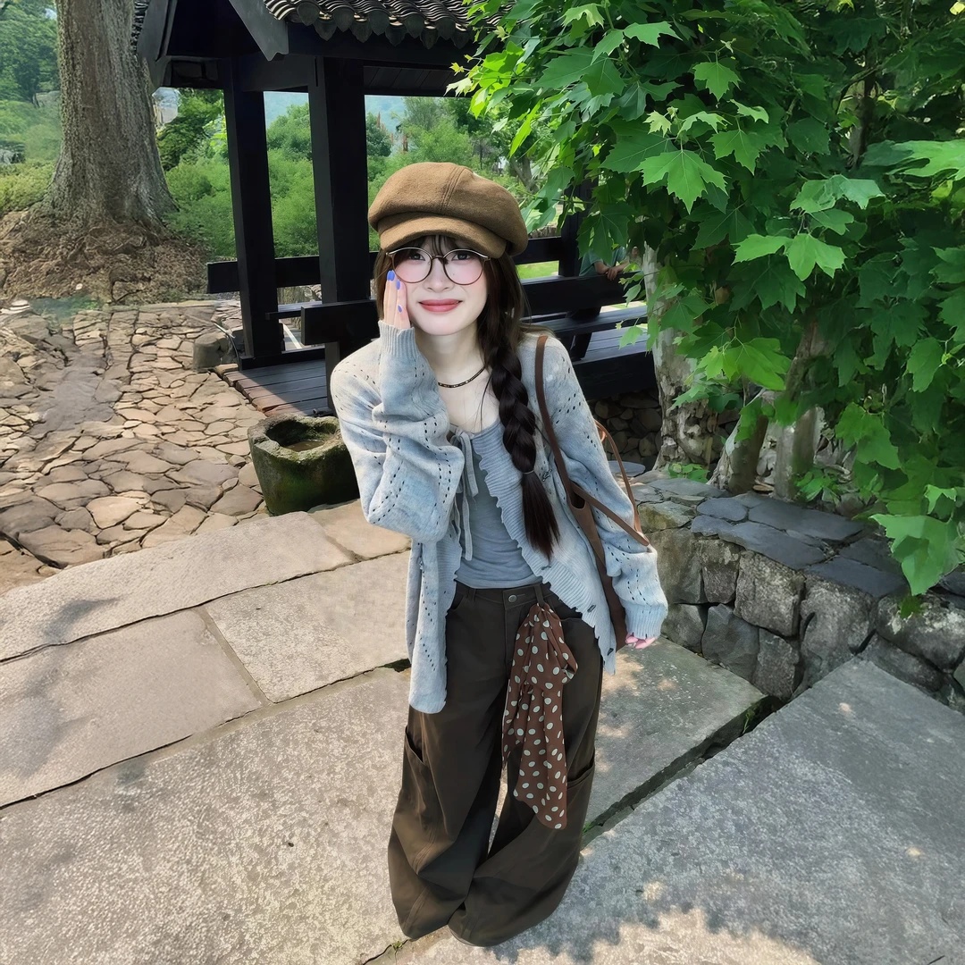 C565+C566+C567穿搭一整套镂空针织开衫内搭吊带背心阔腿裤三件套