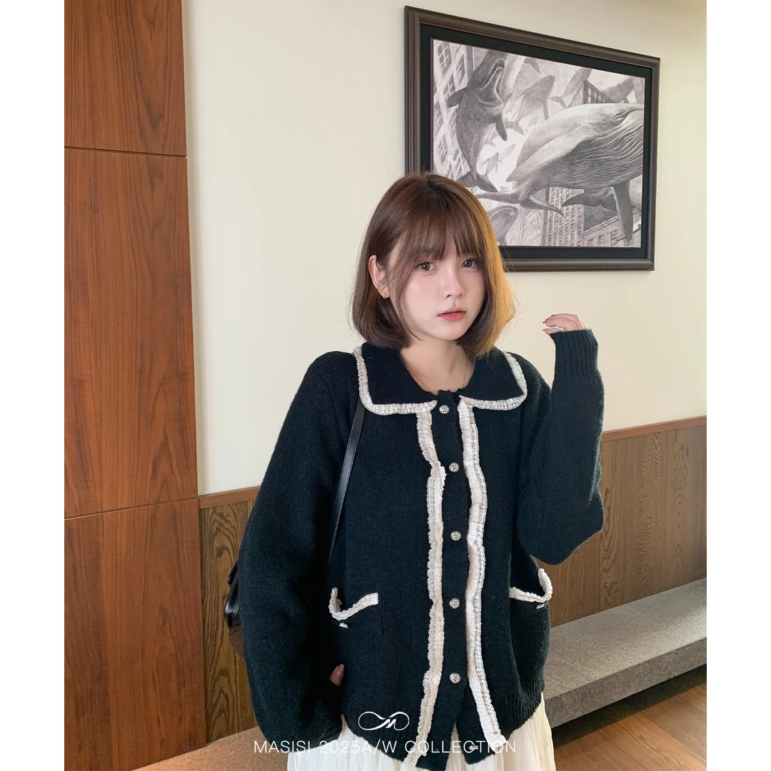 马西西大码女装羊毛蕾丝复古娃娃领针织上衣冬季胖mm宽松显瘦毛衣