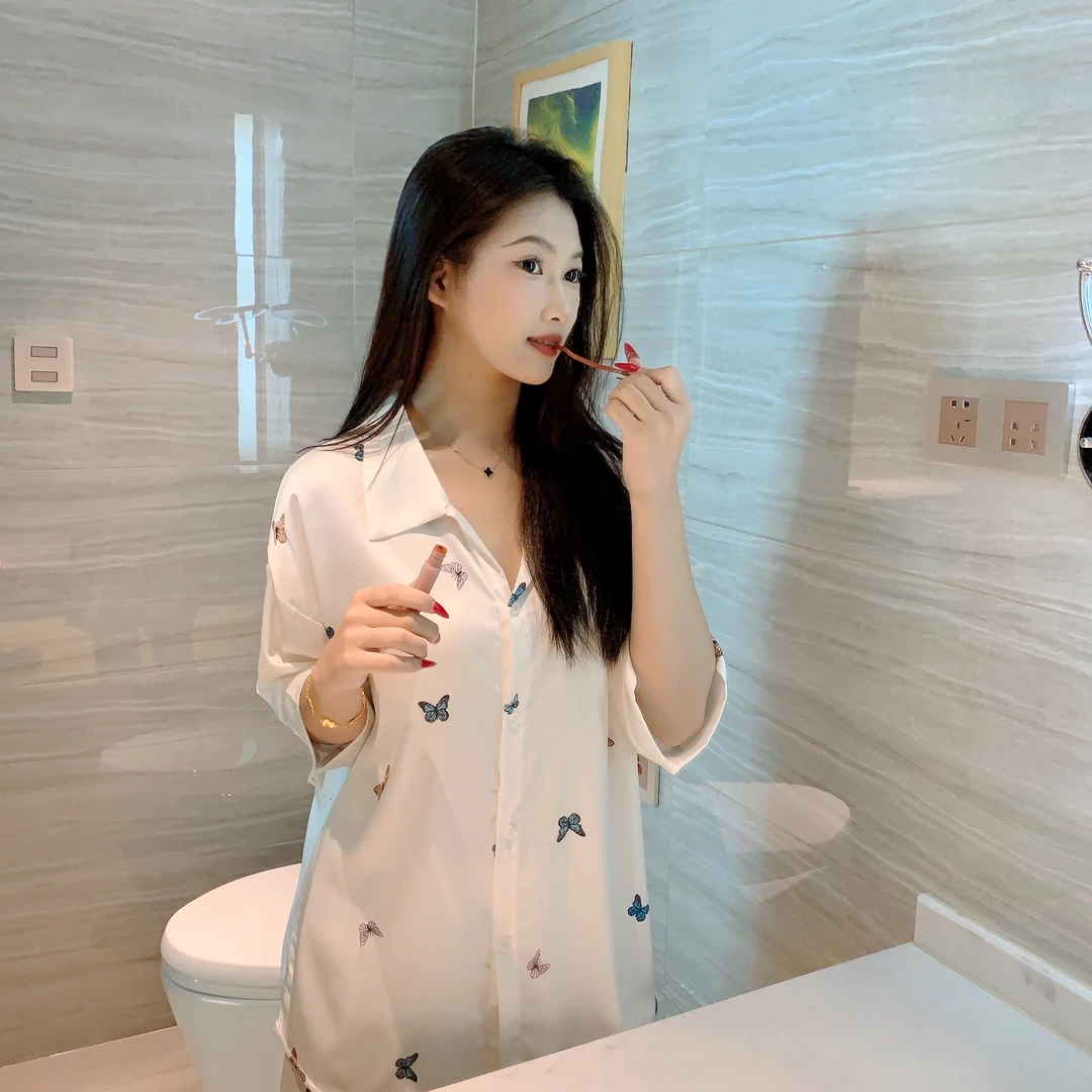 冰雪丝彩色蝴蝶薄款夏季上衣短裤两件套可外穿休闲家居服