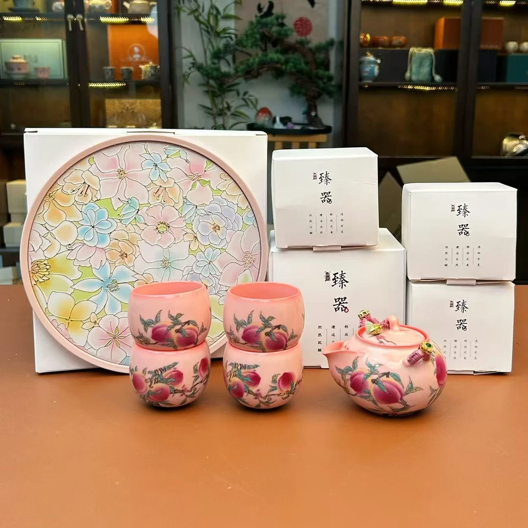 ZH4157-猪油冻九桃手抓壶+九桃小龙蛋客杯*4+茶盘+礼盒