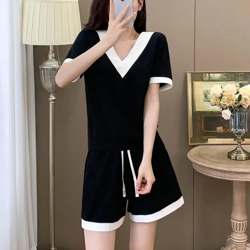 100%纯棉时髦休闲运动套装女夏装大码宽松遮肉洋气撞色短裤两件套