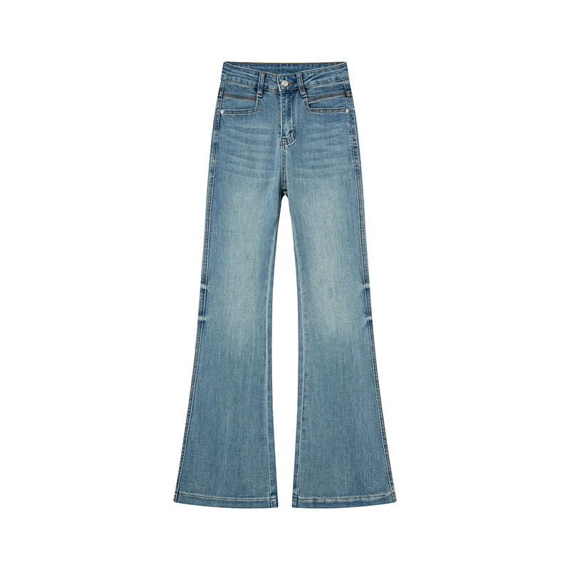 春夏新品贴腿高腰微喇裤显瘦小喇叭湖水蓝休闲百搭裤子