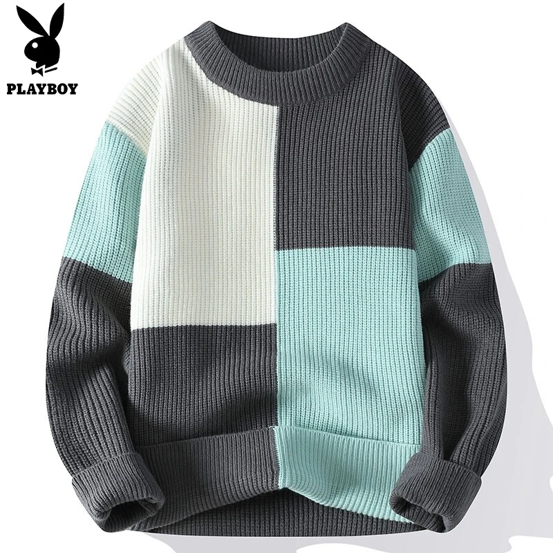 花花公子毛衣男士休闲宽松圆领秋冬季新款拼色潮流百搭打底针织衫