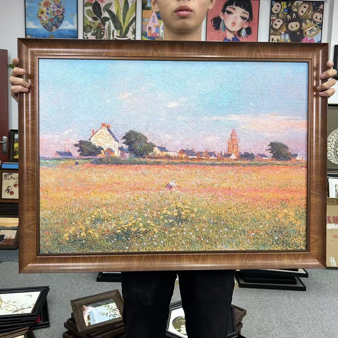 法式风客厅餐厅小众艺术大尺寸实木框横幅风景挂画6080