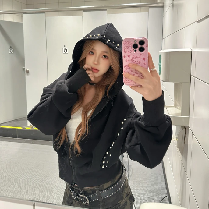 黑月光moonlight 珍珠立体装饰短款连帽卫衣开衫显瘦休闲外套女秋