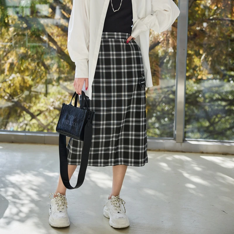 专柜新款 uti尤缇裙子中性风半身裙复古休闲黑白格纹裙女