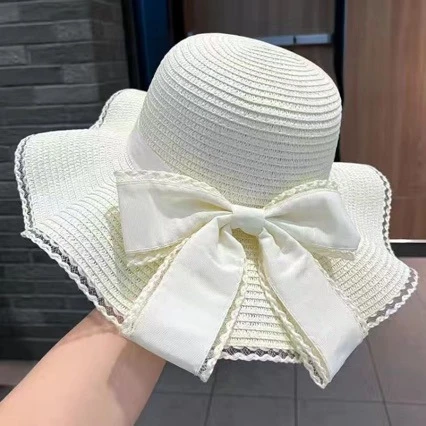草帽遮阳帽蝴蝶结春夏女夏季帽子防紫外线休闲风