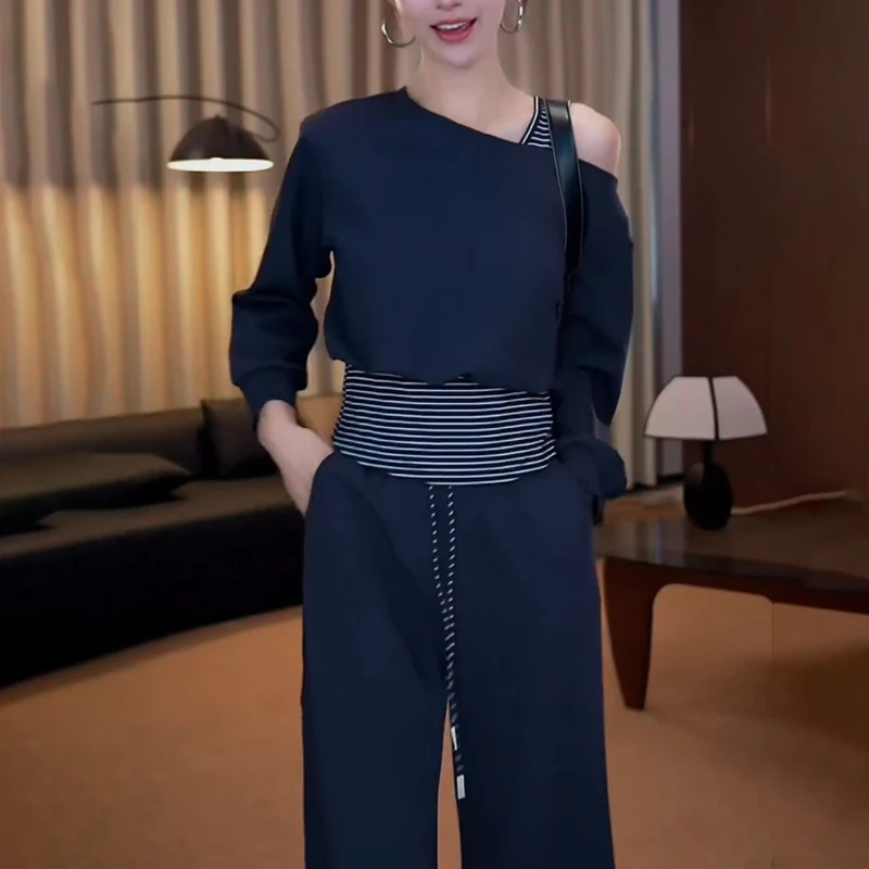 女士时尚休闲套装2025秋季洋气减龄显瘦假两件露肩卫衣卫裤两件套