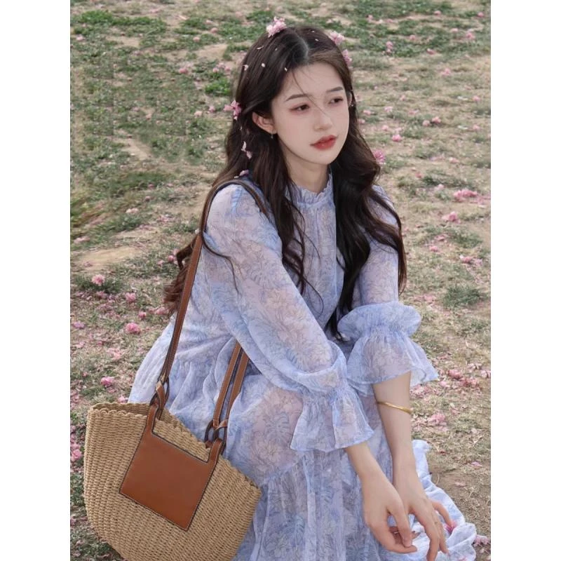 【专柜品质】夏季新款法式浪漫木耳领泡泡袖印花连衣裙150008