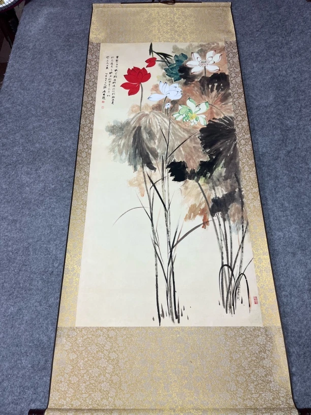 精装精裱60×160《五色荷花》国画
