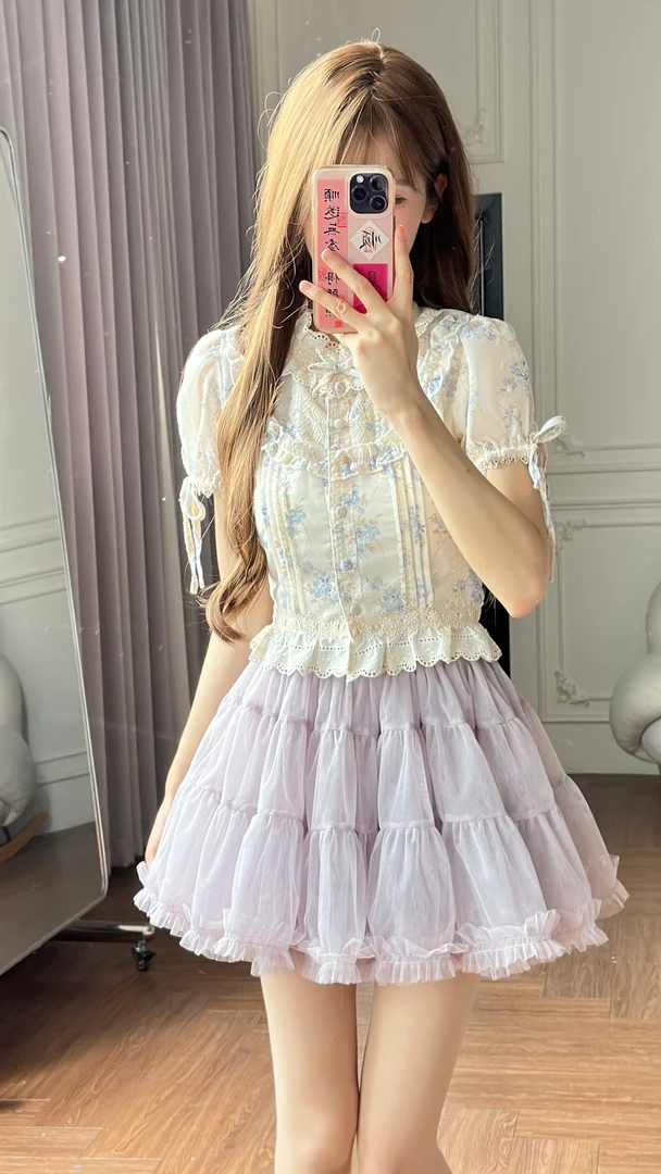 小小仟  鸢尾手札集 紫碎花刺绣蕾丝蝴蝶结衬衫上衣纱裙套装