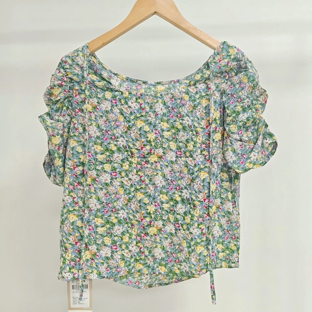 拼接小衫系带印花绿色时尚泡泡袖碎花方领F02B033