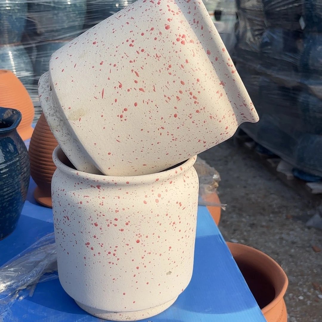 紫砂花盆粉白直筒两个口径18高度20