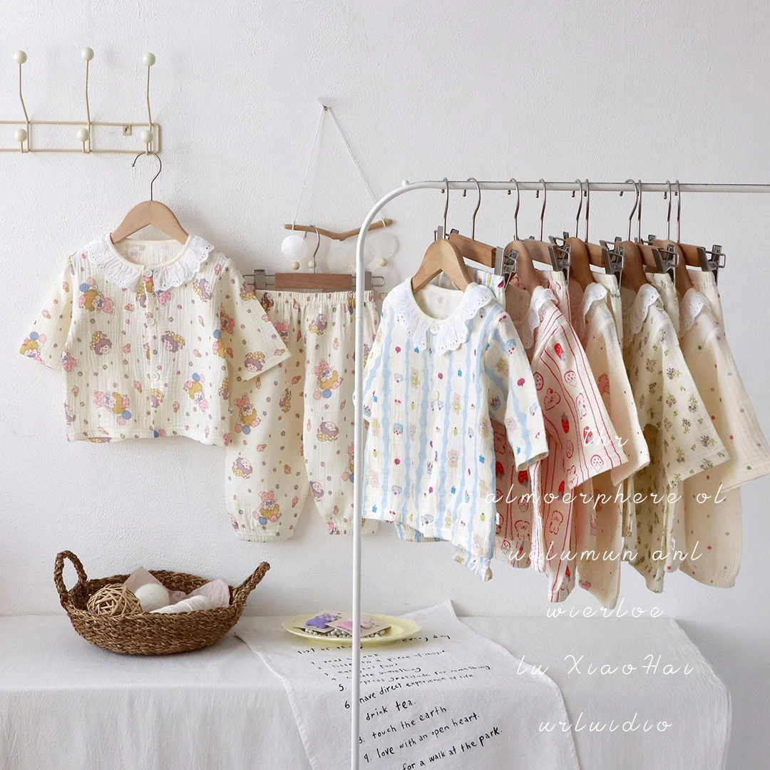 【棉纱家居】2025新款儿童家居服男女童纯棉双层棉纱宝宝休闲套装