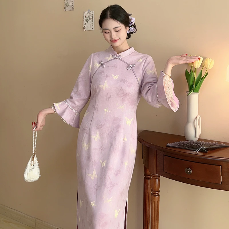 晓蝶【自制款】新中式淡紫色高贵清雅大码胖mm旗袍气质连衣裙绝美