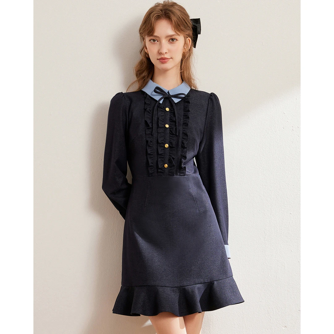 白鹿语25春时尚木耳边加持装饰扣长袖撞色翻领修身连衣裙WBY20049