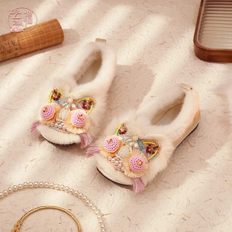 国风纯手工虎头鞋配新中式旗袍鞋平底绣花鞋加绒汉服鞋冬季棉布鞋