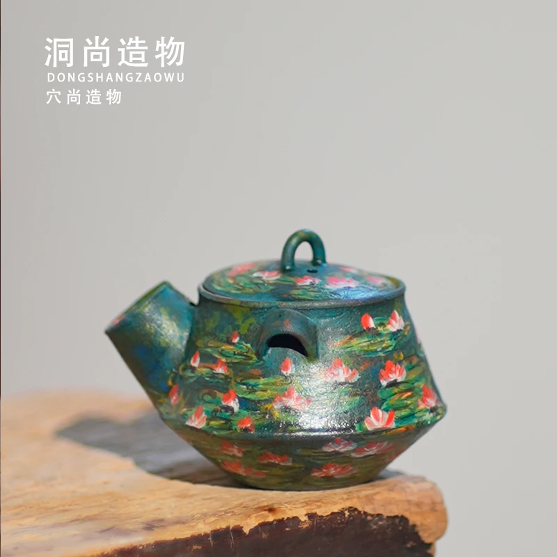 洞尚造物工作室手绘陶泥手抓壶家用高端茶壶莲花宝瓶壶复古礼盒装