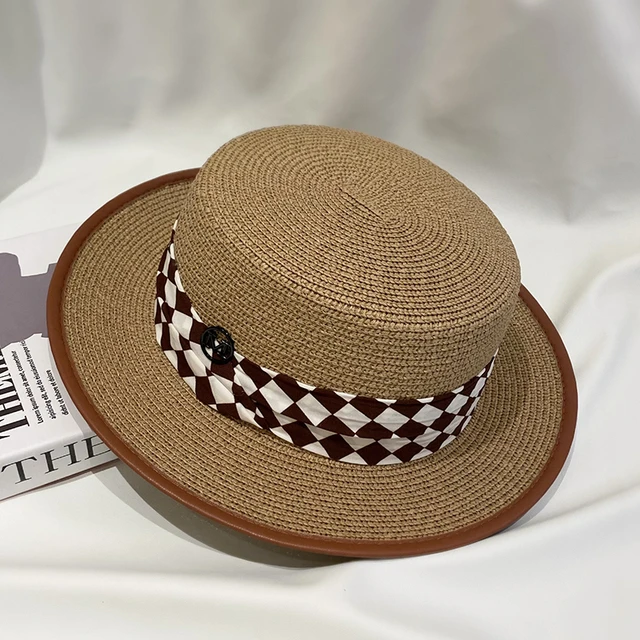 草帽女夏英伦复古平顶棋盘格M海边沙滩帽度假旅游草编透气遮阳帽
