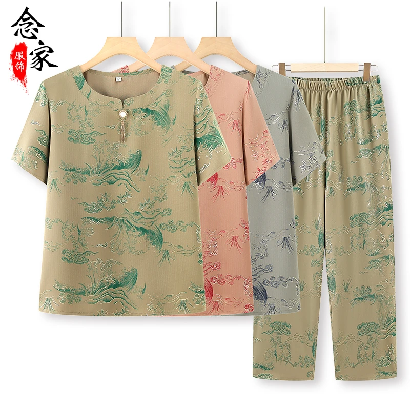 奶奶夏季短袖套装中老年人t恤两件套老人太太衣服妈妈洋装气上衣