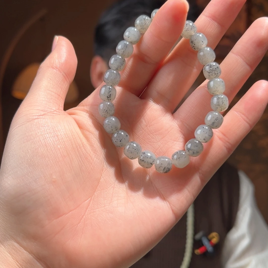 未镶嵌手串和田玉新疆老型珠点墨8mm80