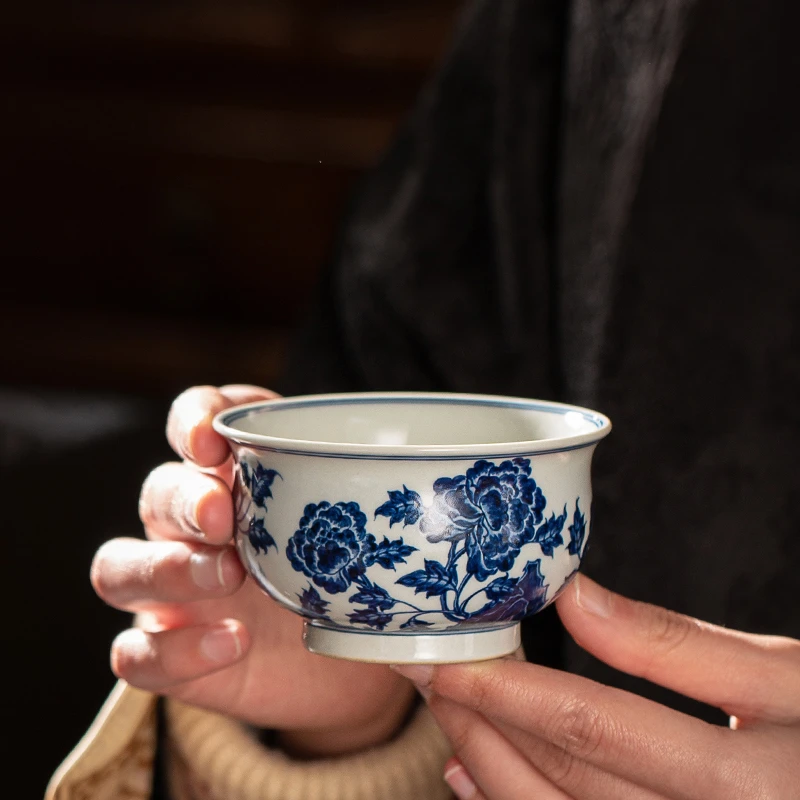 当代 翰林瓷轩手工手绘青花月季炉式杯主人杯单杯 景德镇功夫茶杯