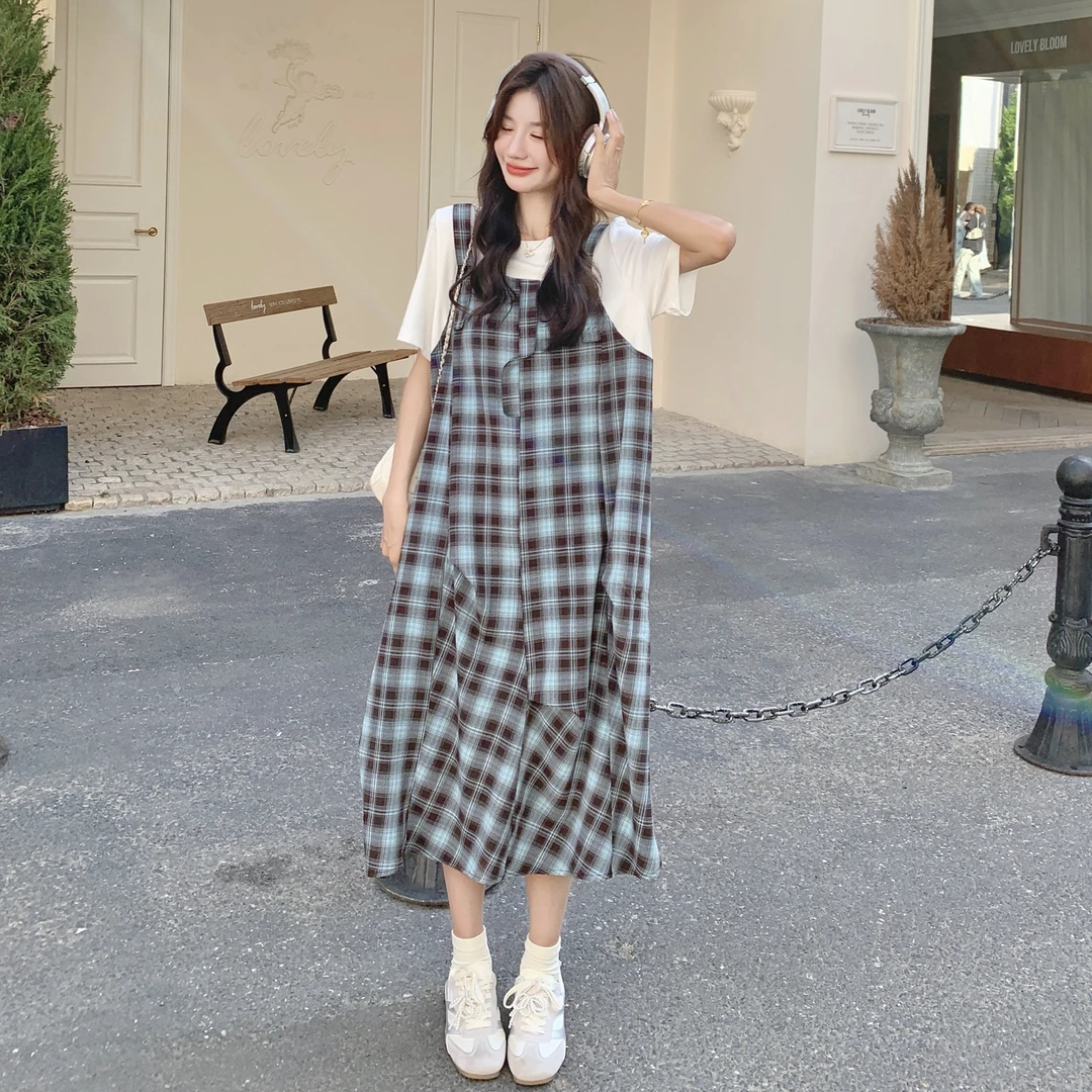 格子假两件夏季韩版宽松显瘦百搭设计感针织拼接时尚中长款连衣裙