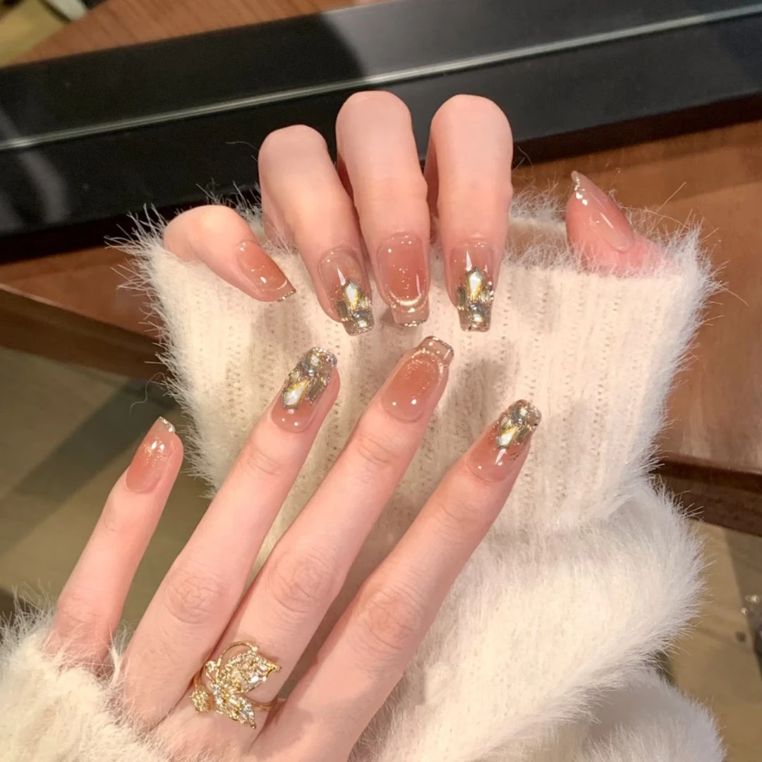 【塞纳黄昏】10片 桃喜手工裸橘透色高级闪钻精致显贵温柔显白美甲