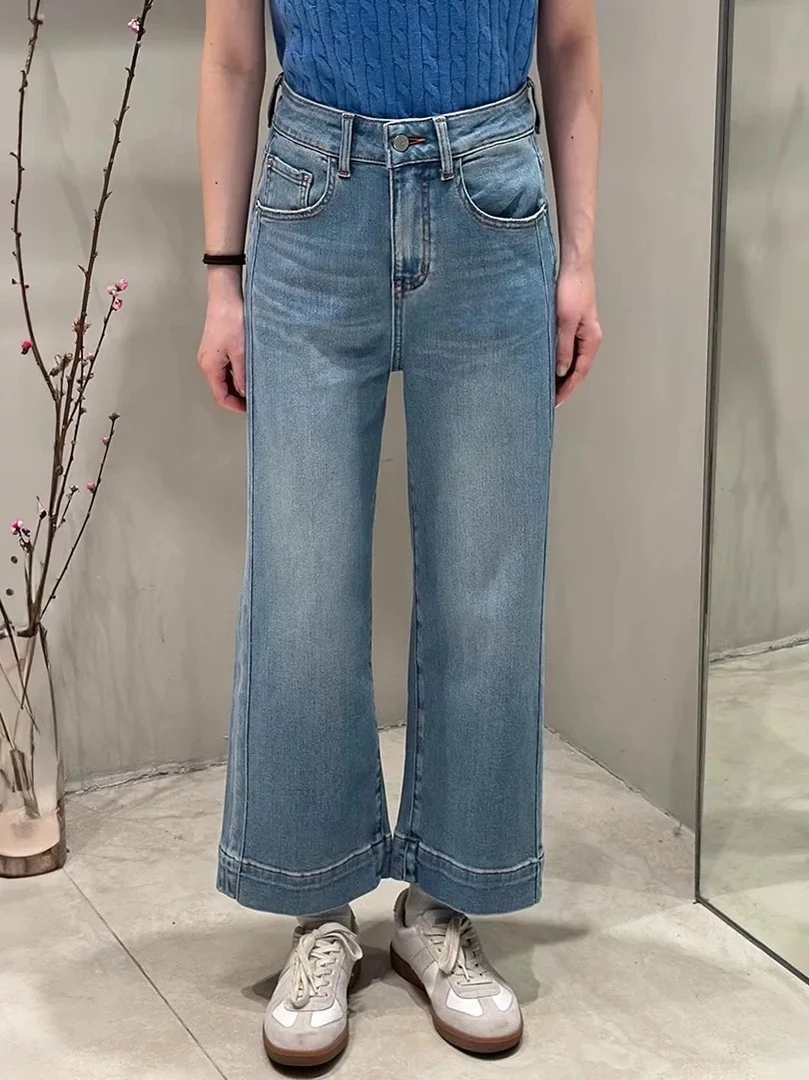 860阔腿牛仔裤女夏款直筒裤高腰显瘦蓝色九分奶奶裤