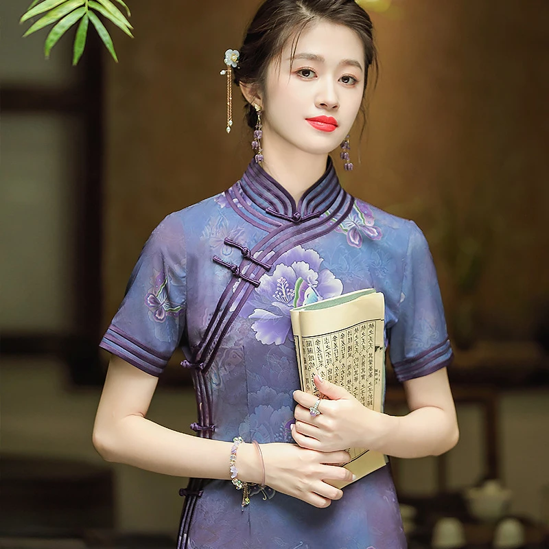 [千蚕云锦]端庄优雅旗袍夏季新款复古中国风日常改良妈妈装24008