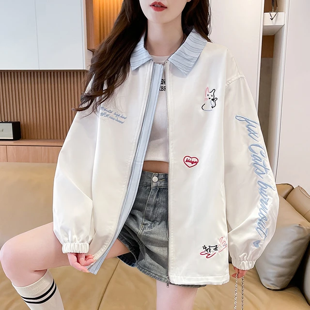 甜美刺绣翻领外套少女2025秋季新款初高中学生拼色宽松工装夹克潮