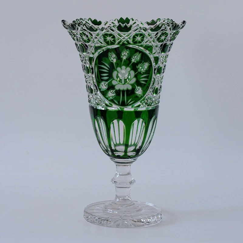 0147欧式进口水晶磨刻圣路易绿色奢华大气家居花瓶高脚客厅装饰