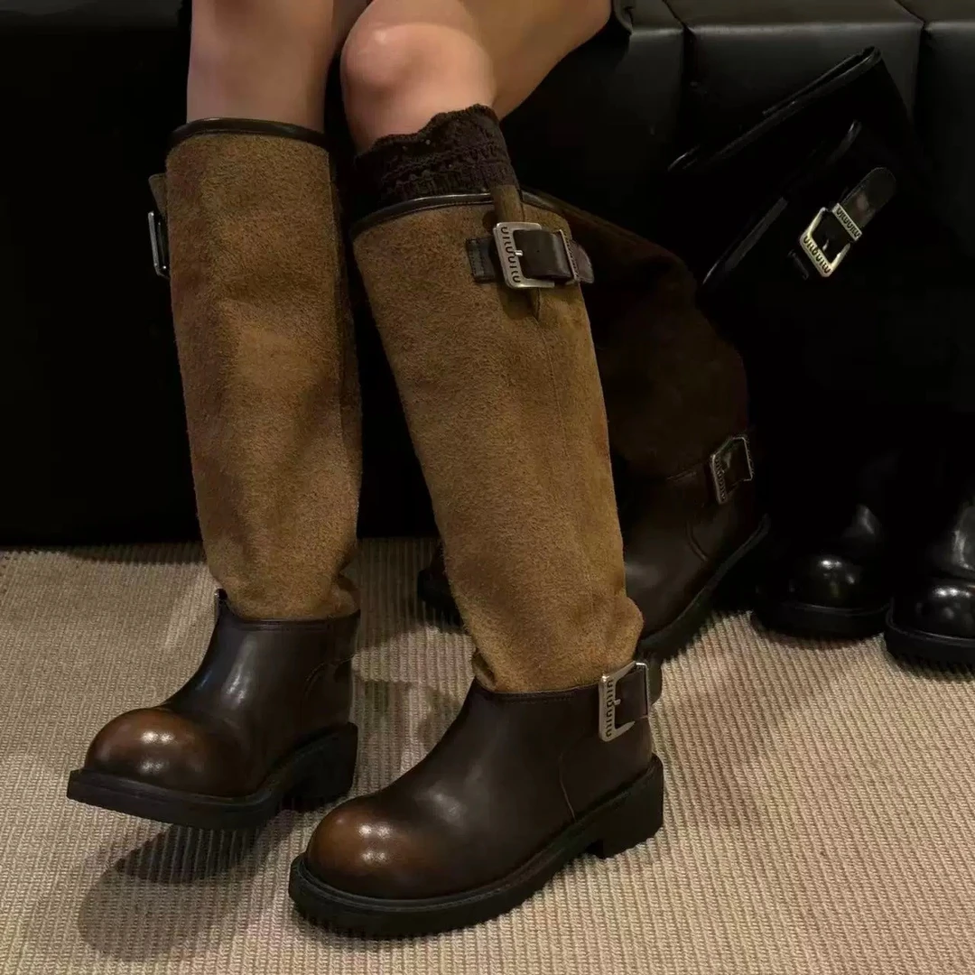 秋冬废土风厚款拼色骑士靴畅长筒靴子女软底大筒围直筒靴时尚百搭