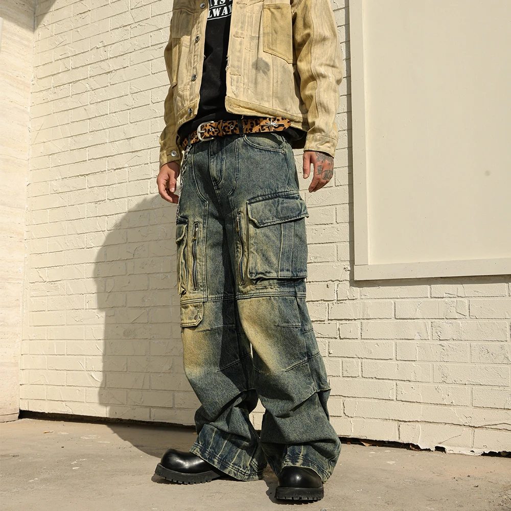 South 美式超重磅复古拉链装饰工装裤潮牌宽松阔腿裤街头牛仔裤男