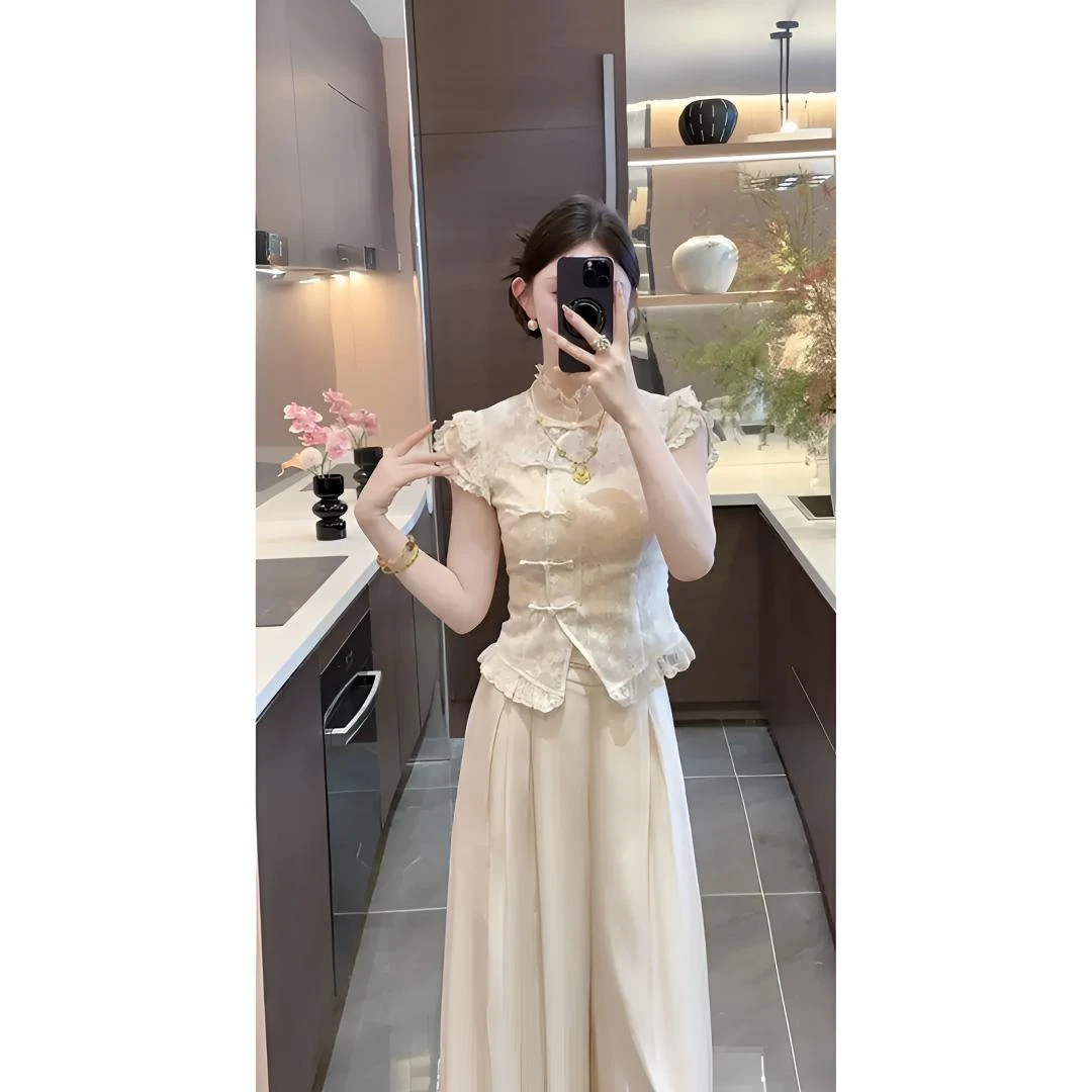 新中式国风设计感蕾丝边盘扣上衣夏季新款高腰显瘦阔腿裤两件套女