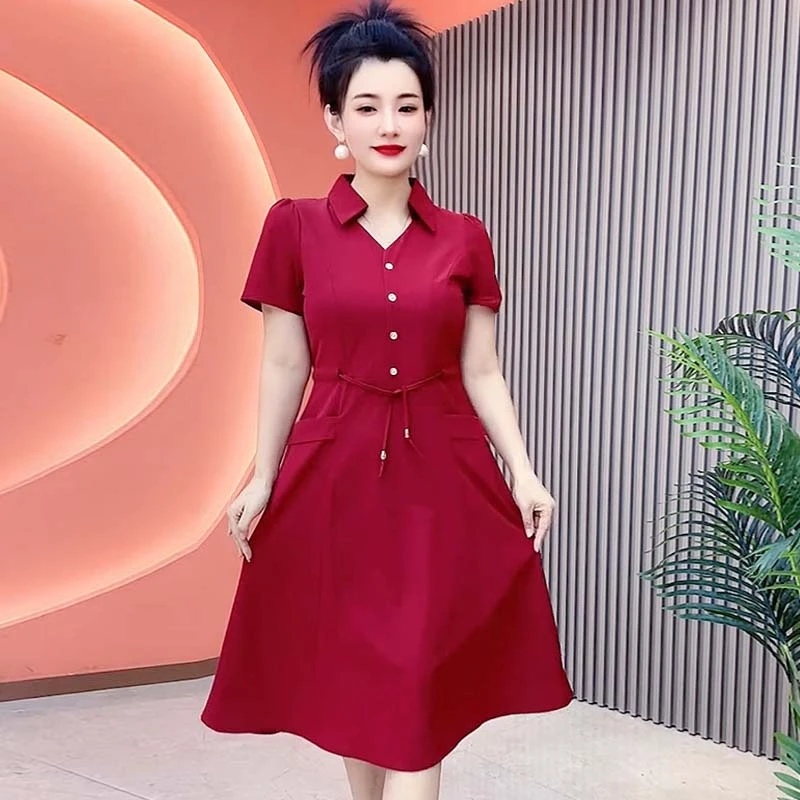 夏季修身长裙妈妈装显瘦气质洋气时尚收腰连衣裙遮肚宽松中长裙子